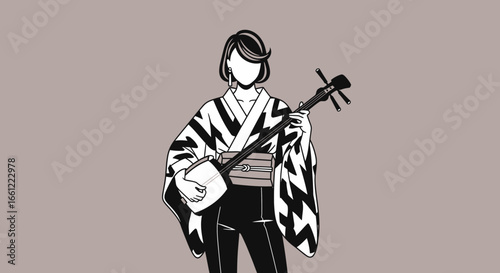 Stylized illustration of a woman in traditional clothing with a shamisen