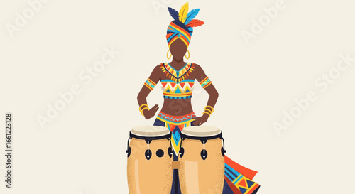 Vibrant illustration of a musician with conga drums and detailed tribal style