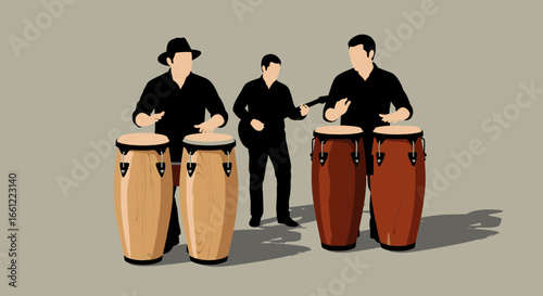 Vibrant musical ensemble, stylized illustration of percussion performance