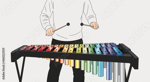 Vibrant xylophone performance with a musician in action, illustration style