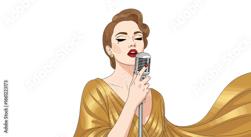Vintage-Inspired Female Singer with Microphone in a Golden Gown Illustration