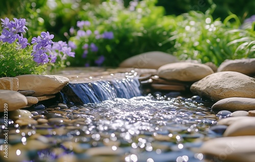 Beautiful Garden Stream With Smooth Stones and Blooming Purple Flowers in Sun...