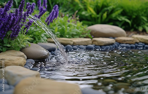 Serene Garden Stream With Purple Flowers and Smooth Stones During Daylight.
