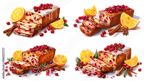 Watercolor illustration of cranberry orange loaf cake with icing, cinnamon, and citrus slices. Perfect for holiday baking, dessert menu, and Christmas food art.