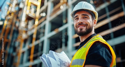 Construction Worker Smiles Confidently at Building Site While Holding Bluepri...