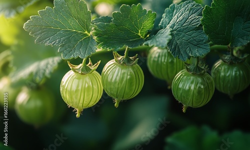 Green Gooseberries Hanging on Lush Leaves in a Garden During Late Afternoon L...