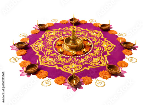Beautiful indian rangoli with oil lamps isolated on transparent background