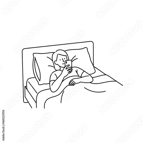 A girl lying on a bed and scrolling on her phone, black line art, white background.