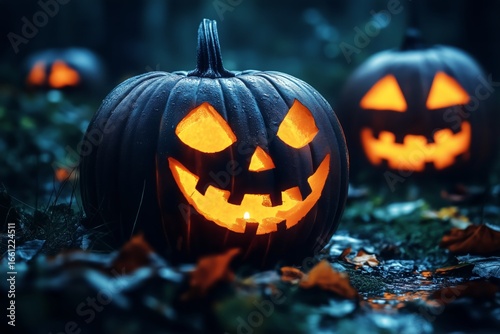 Illuminated Jack-O-Lanterns Glow in a Dark Forest During Halloween Night Cele...