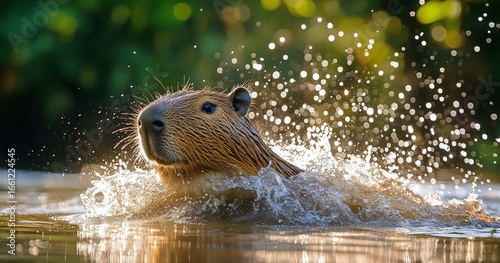 Capybara Splashing Joyfully in River at Sunrise Near Lush Forest in Tropical ...
