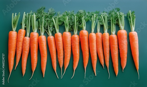 Freshly Harvested Carrots Arranged Neatly on a Green Surface in a Vibrant Kit...