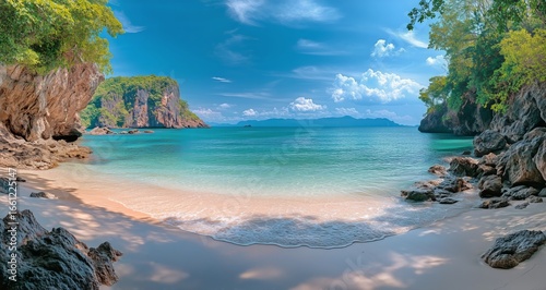 Tropical Beach With Clear Water and Rocky Shore in a Serene Environment