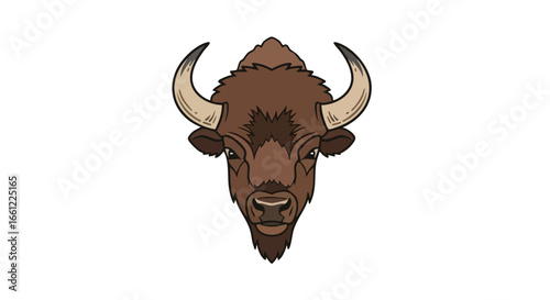 A symmetrical cartoon illustration of a brown bison head facing forward, isolated on a white background.
