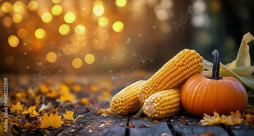 Autumn Harvest Display With Corn and Pumpkin Surrounded by Fallen Leaves