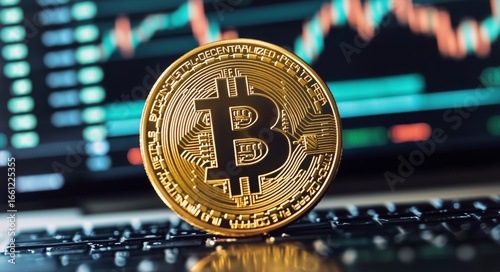 Bitcoin Cryptocurrency on a Keyboard With Financial Data Chart in the Background