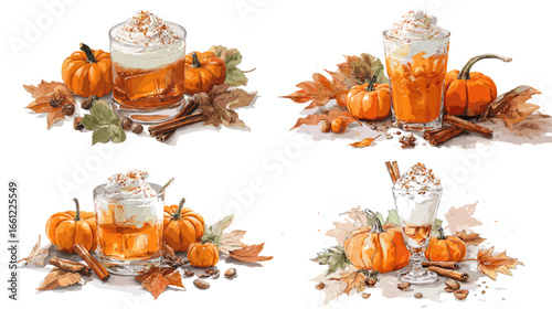 Watercolor illustration of pumpkin spice latte with whipped cream, cinnamon, and pumpkins. Perfect for autumn drinks, cafe design, and cozy seasonal beverage art.