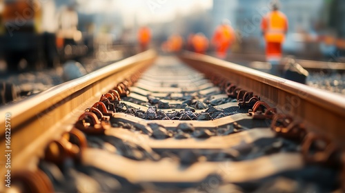 Railway tracks are prominently displayed in sharp focus, while railroad workers wearing high visibility gear are blurred as they inspect the site, conveying a sense of diligence and safety in the