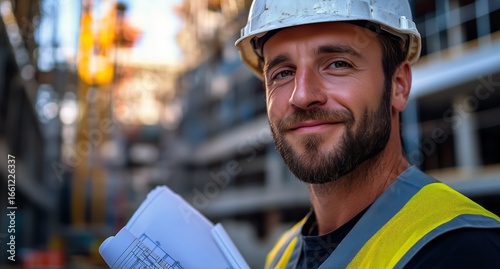 Construction Worker Smiling on Site While Holding Blueprints During Daytime