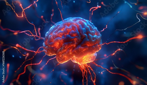 A realistic illustration depicting the brain with neurons firing and glowing, representing mental health and neural connections in a hyper-realistic style