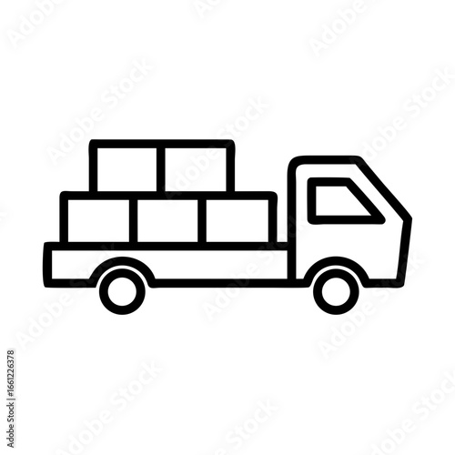 Minimalist black outline vector icon of an open truck carrying boxes, symbolizing delivery, transportation, and logistics. Isolated on a transparent background