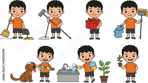 Little boy doing chores vector illustration, household activities, cleaning, washing dishes, planting, helping parents, cartoon child character, daily routine, kids responsibility concept, flat design