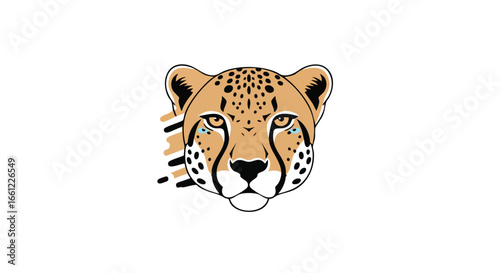 A modern, stylized graphic illustration of a cheetah's head, shown from the front on a plain white background.