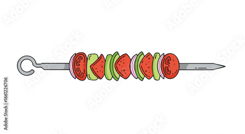 A colorful vegetable shish kebab on a metal skewer with tomato, onion, and green pepper.