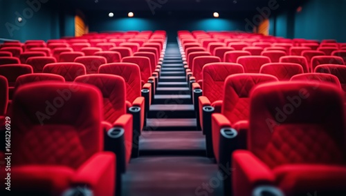 Empty Red Theater Seats Awaiting the Start of a Cinematic Experience in a Mod...