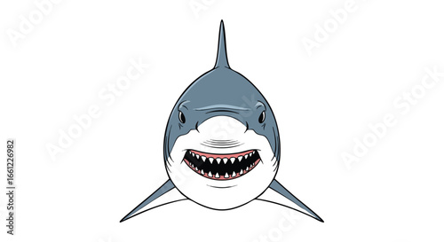 Front view of a menacing cartoon great white shark baring its sharp teeth on a white background.