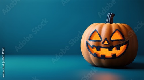 Brightly Lit Carved Pumpkin Placed on a Teal Background for Halloween Celebra...
