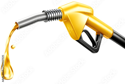 Yellow fuel nozzle dispensing golden liquid isolated on a transparent background