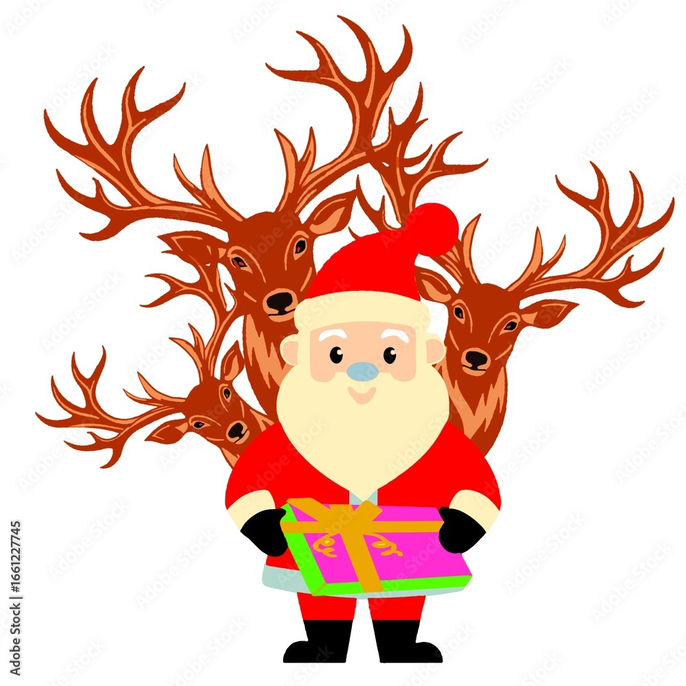 Fototapeta premium Illustration of a background of a cartoon Santa Claus card with a Christmas gift box.