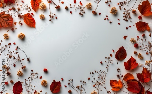 Colorful Autumn Leaves and Dried Flowers Arranged on a Light Background