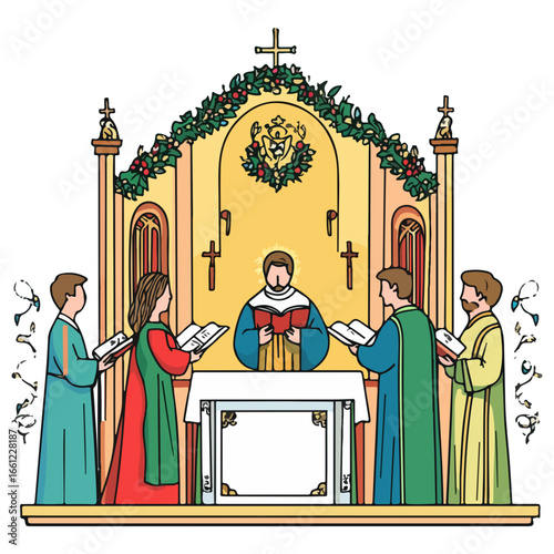 mass, christmas, festival, religion, vector, transparent background, church, winter, chapel, culture, faith, people, god, nativity, religious, season, celebration, xmas, december