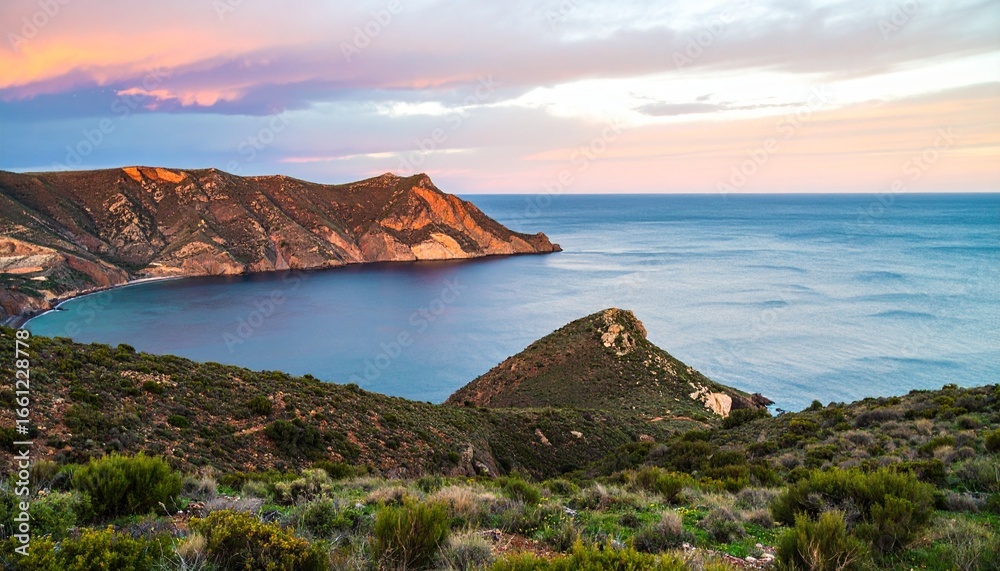 Fototapeta premium Stunning Sunset Over Coastal Landscape, Nature Beauty at Seaside, Vibrant Viewpoint