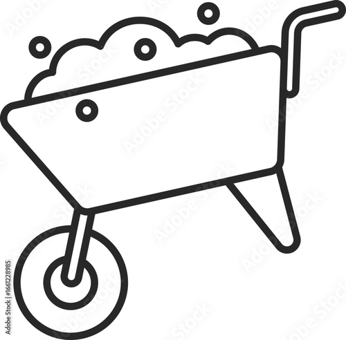 Wheelbarrow line icon clip art gardening cart loaded with soil for farming and yard work.