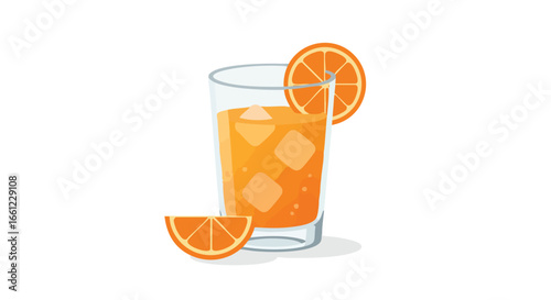 A glass of fresh orange juice with ice cubes, garnished with a slice and wedge of orange on a white background.