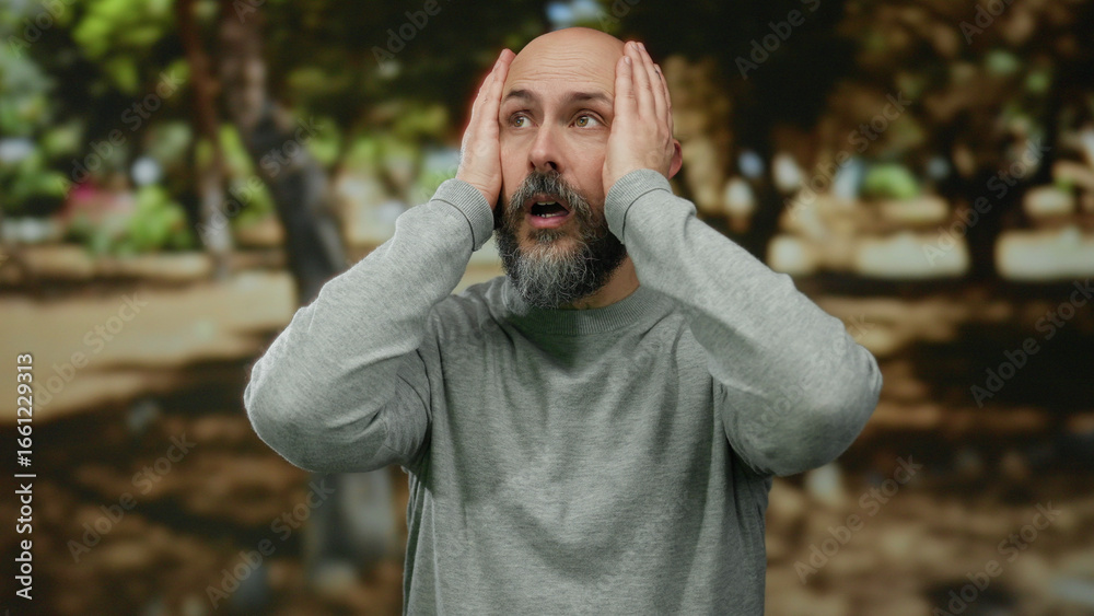 Obraz premium Man standing in a park with a surprised expression, wearing a grey sweater, under the shadows of trees in an outdoor setting, showcasing an intriguing moment.