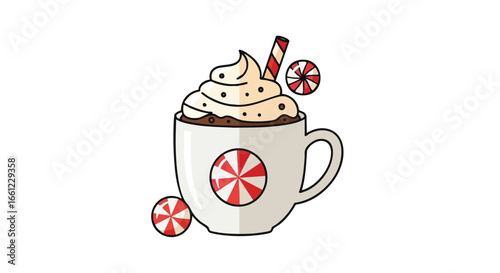 A festive mug of hot chocolate topped with whipped cream, a striped straw, and peppermint candy decorations.