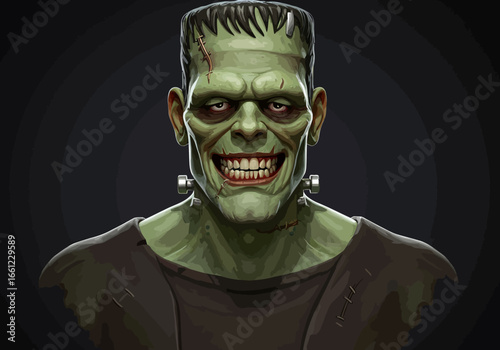 Frankensteins Monster Portrait with Bolts and Stitches Halloween Character.