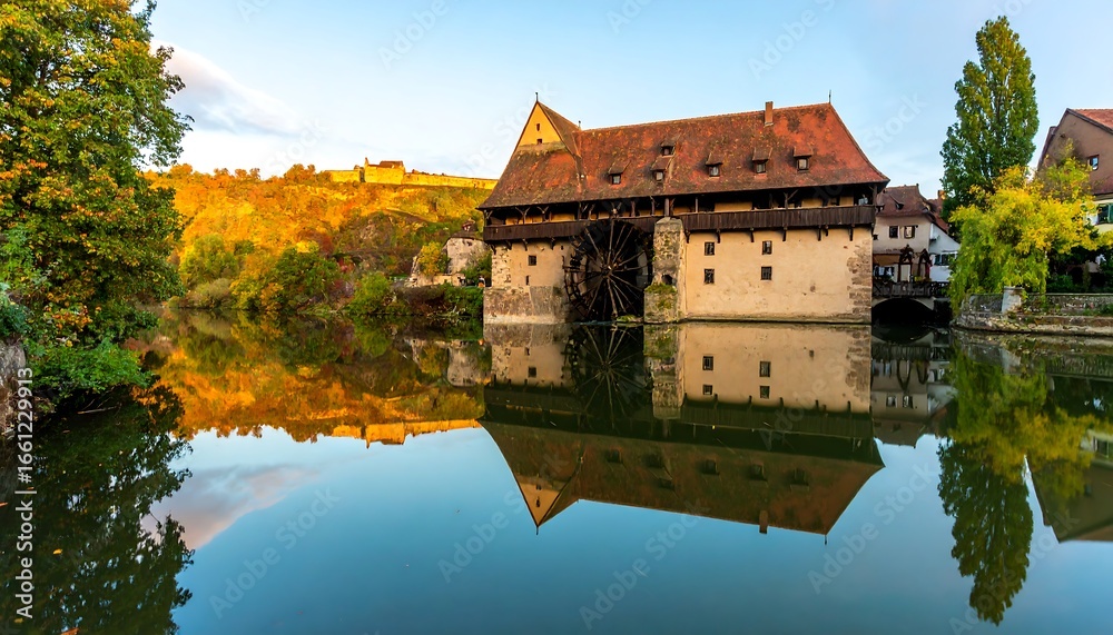 Fototapeta premium Autumnal mill reflection on calm water