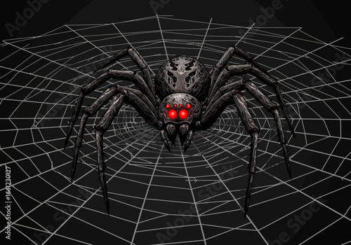Black Spider with Red Eyes on Web.