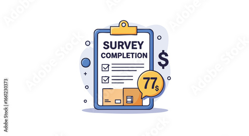 Illustration of a paid survey completion concept, featuring a clipboard with a checklist, boxes, and a seventy-seven dollar reward.