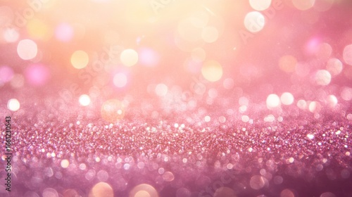 A soft bokeh effect and scattered metallic gold confetti adorn a dreamy pink champagne gradient background, evoking a luxury celebration mood