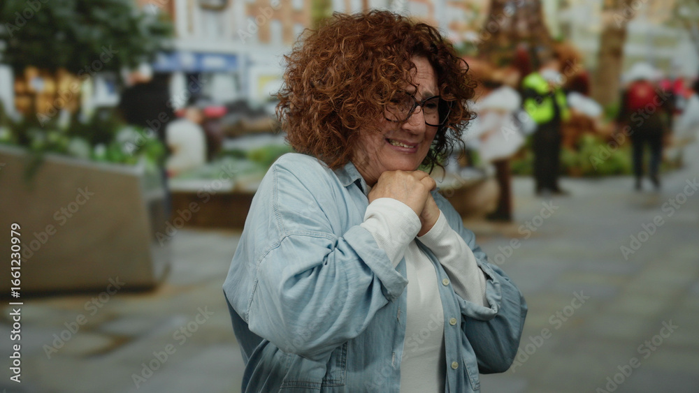 Fototapeta premium Woman with curly hair appearing worried on a bustling city street with people and greenery, middle-aged and brunette in urban outdoor setting with a concerned expression.