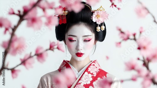 Close-up portrait of a geisha in traditional attire among sakura petals.
