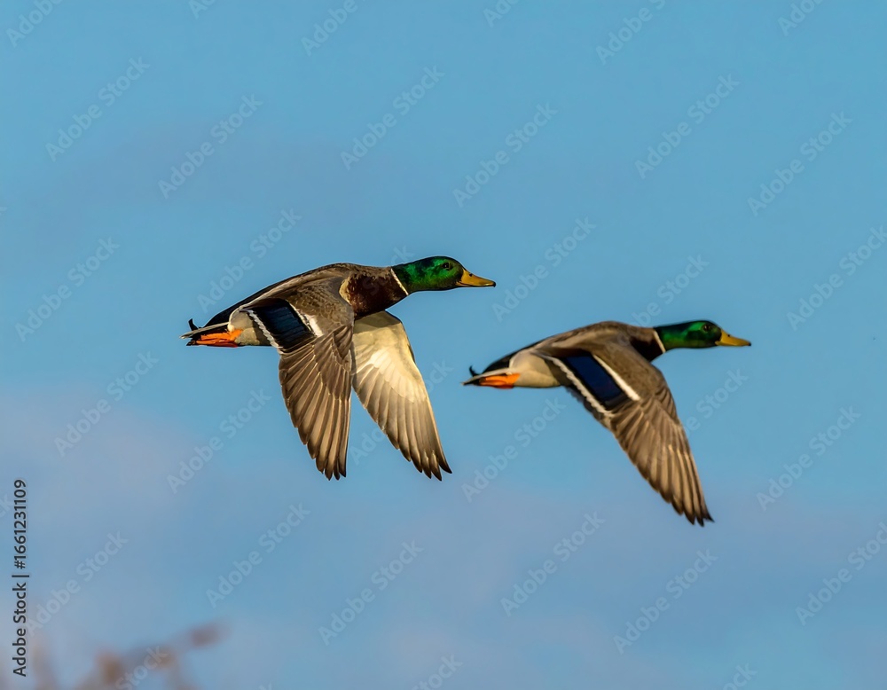 Fototapeta premium Two mallard ducks in flight against a clear sky