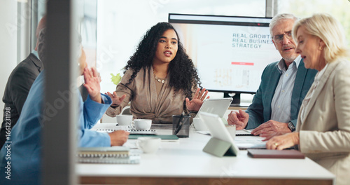 Fototapeta Disagreement, documents and meeting with business people in office boardroom for growth or strategy