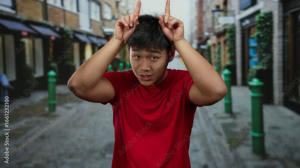Obraz premium Young man in red shirt making a horns gesture while standing in a lively urban street setting, surrounded by colorful buildings and a cheerful atmosphere.