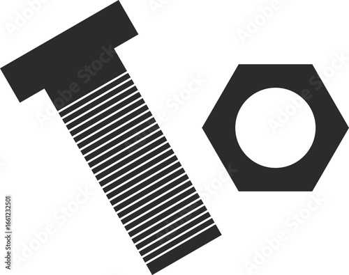 nut and bolt icon work tool in dark grey flat color block vector illustration and clear background